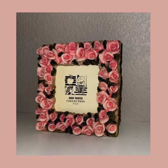 Hand Painted Pink Rose Resin Picture Frame | Shabby Cottage Floral Vintage Decor - Picture 6 of 9